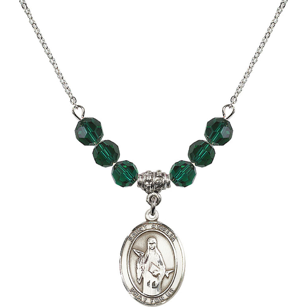 Sterling Silver Saint Amelia Birthstone Necklace with Emerald Beads - 8313