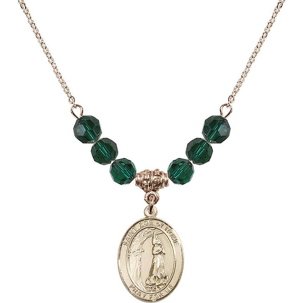 14kt Gold Filled Saint Zoe of Rome Birthstone Necklace with Emerald Beads - 8314
