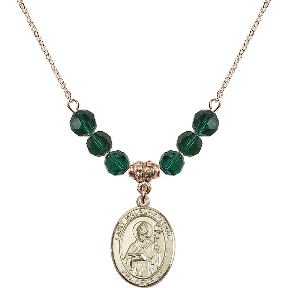 14kt Gold Filled Saint Malachy O'More Birthstone Necklace with Emerald Beads - 8316