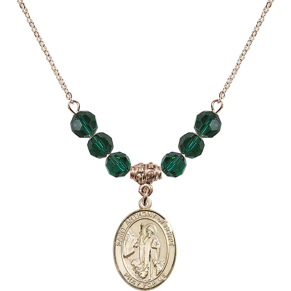 14kt Gold Filled Saint Anthony of Egypt Birthstone Necklace with Emerald Beads - 8317