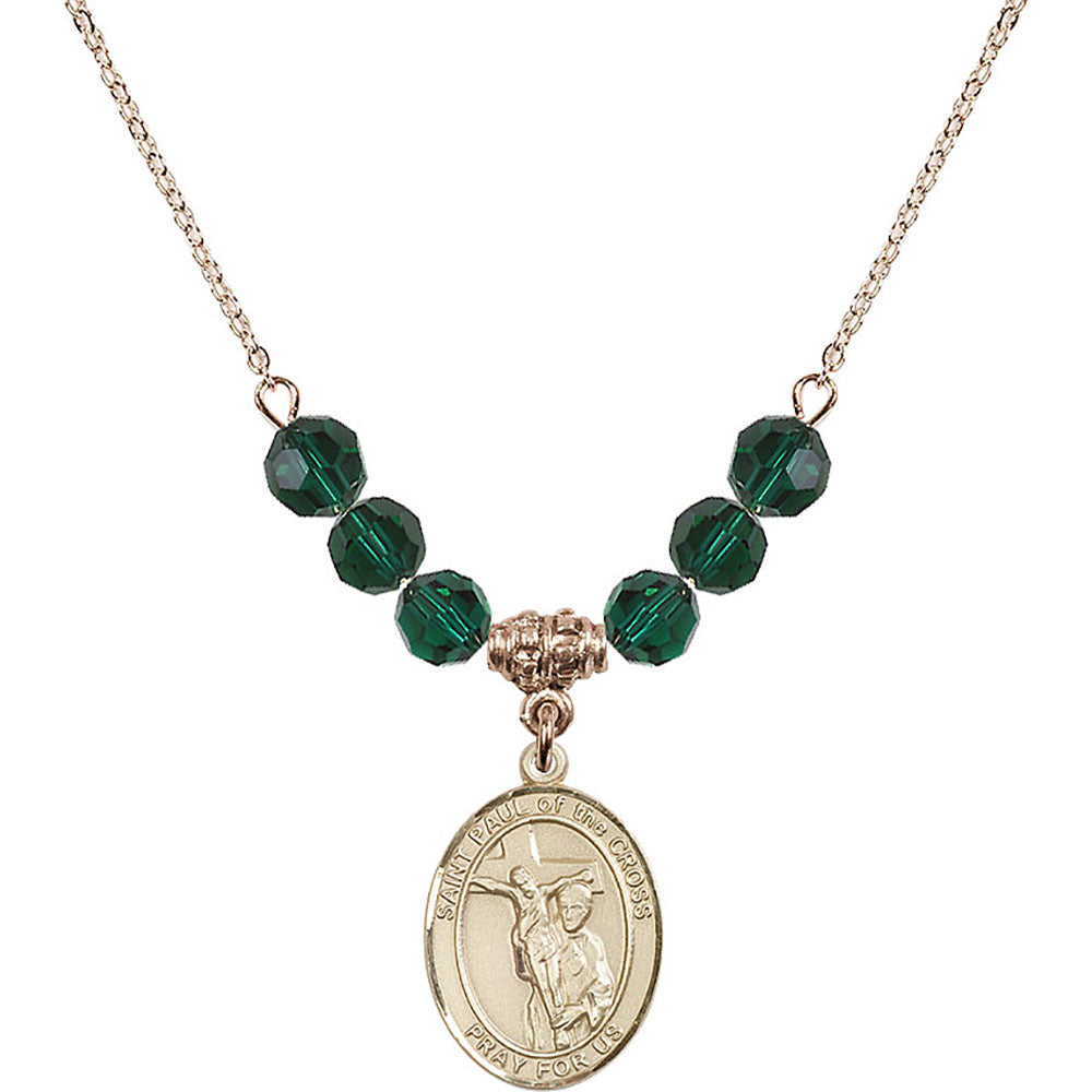 14kt Gold Filled Saint Paul of the Cross Birthstone Necklace with Emerald Beads - 8318