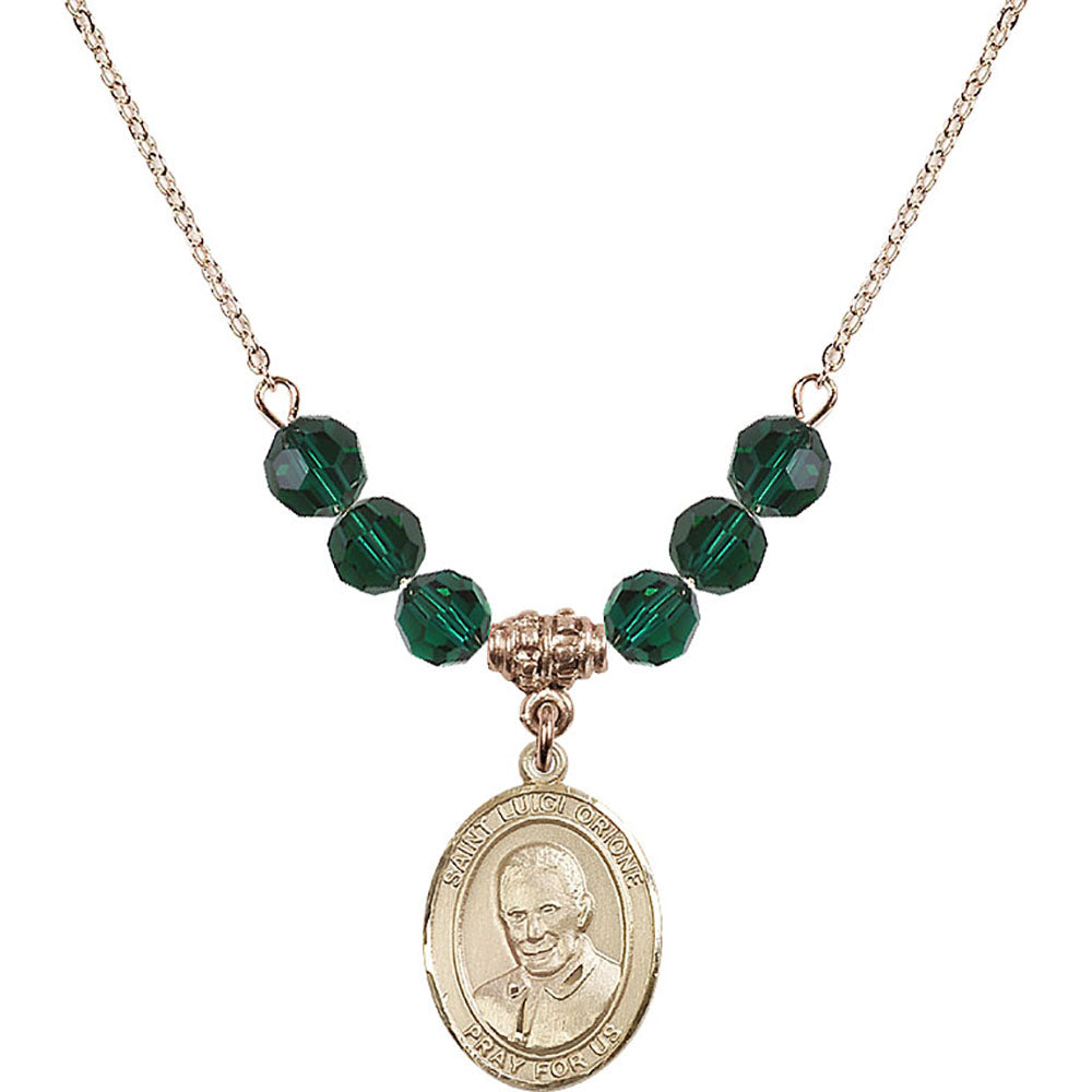 14kt Gold Filled Saint Luigi Orione Birthstone Necklace with Emerald Beads - 8326