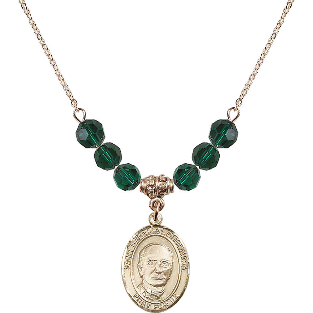 14kt Gold Filled Saint Hannibal Birthstone Necklace with Emerald Beads - 8327