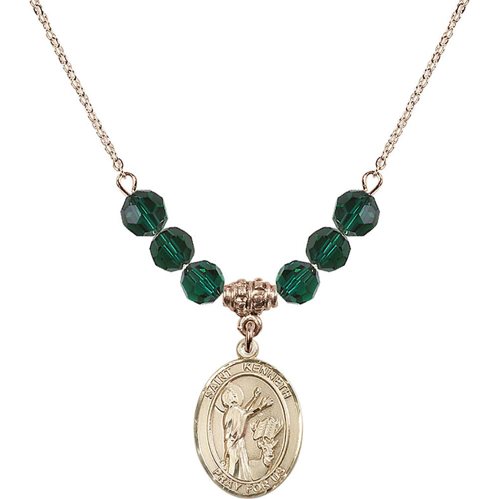 14kt Gold Filled Saint Kenneth Birthstone Necklace with Emerald Beads - 8332