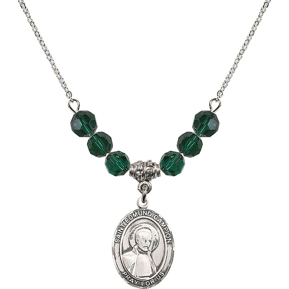 Sterling Silver Saint Edmund Campion Birthstone Necklace with Emerald Beads - 8333