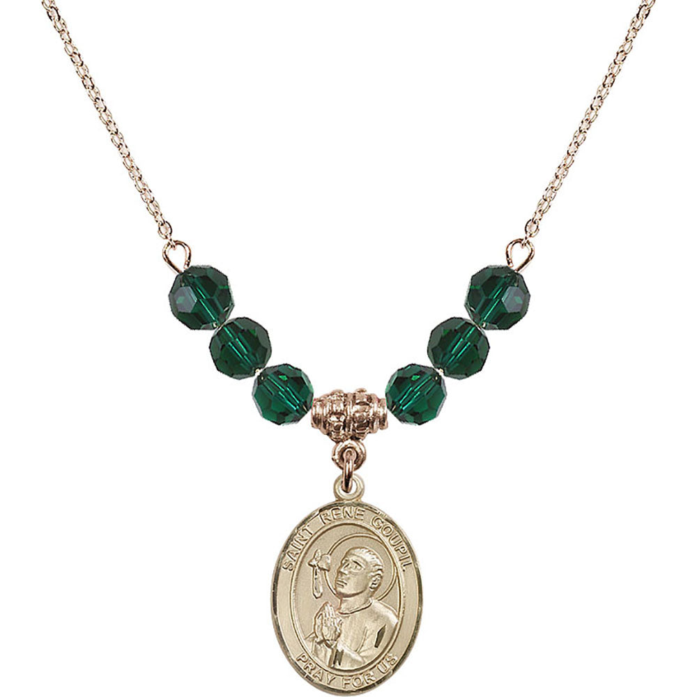 14kt Gold Filled Saint Rene Goupil Birthstone Necklace with Emerald Beads - 8334