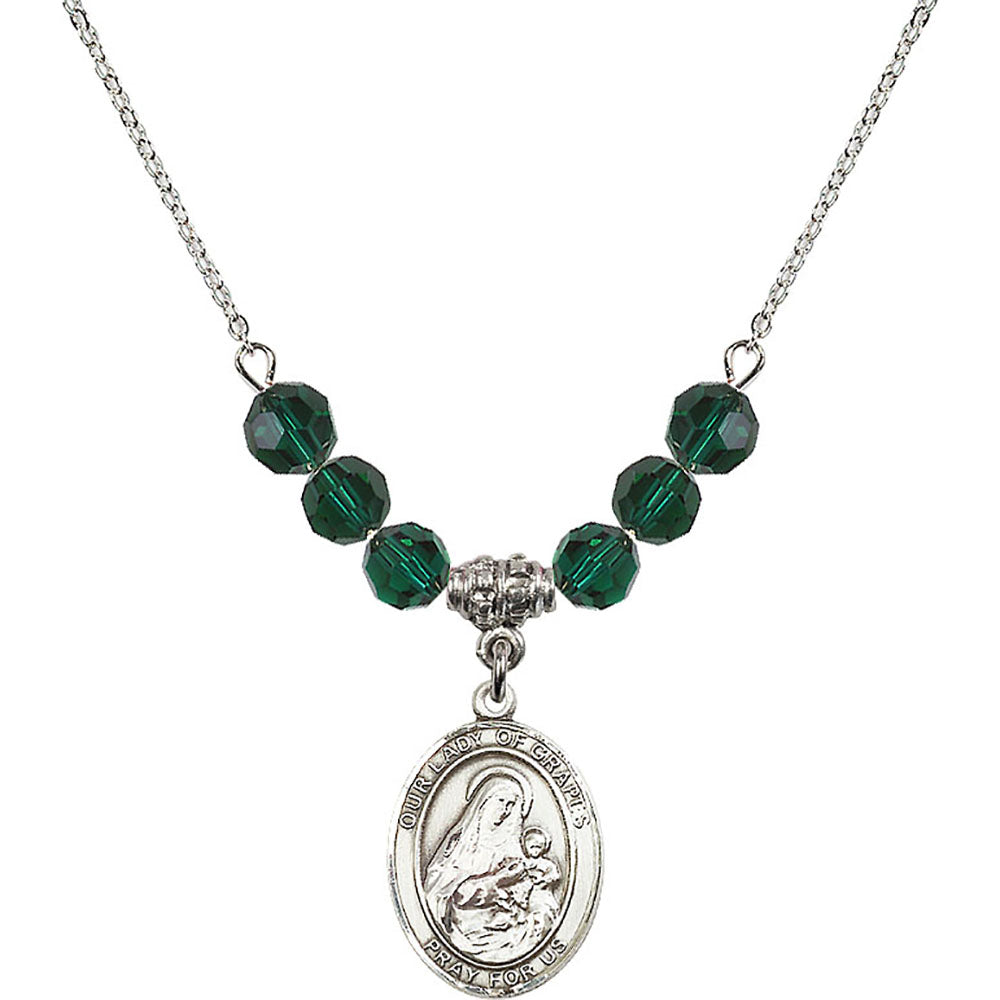 Sterling Silver Our Lady of Grapes Birthstone Necklace with Emerald Beads - 8347