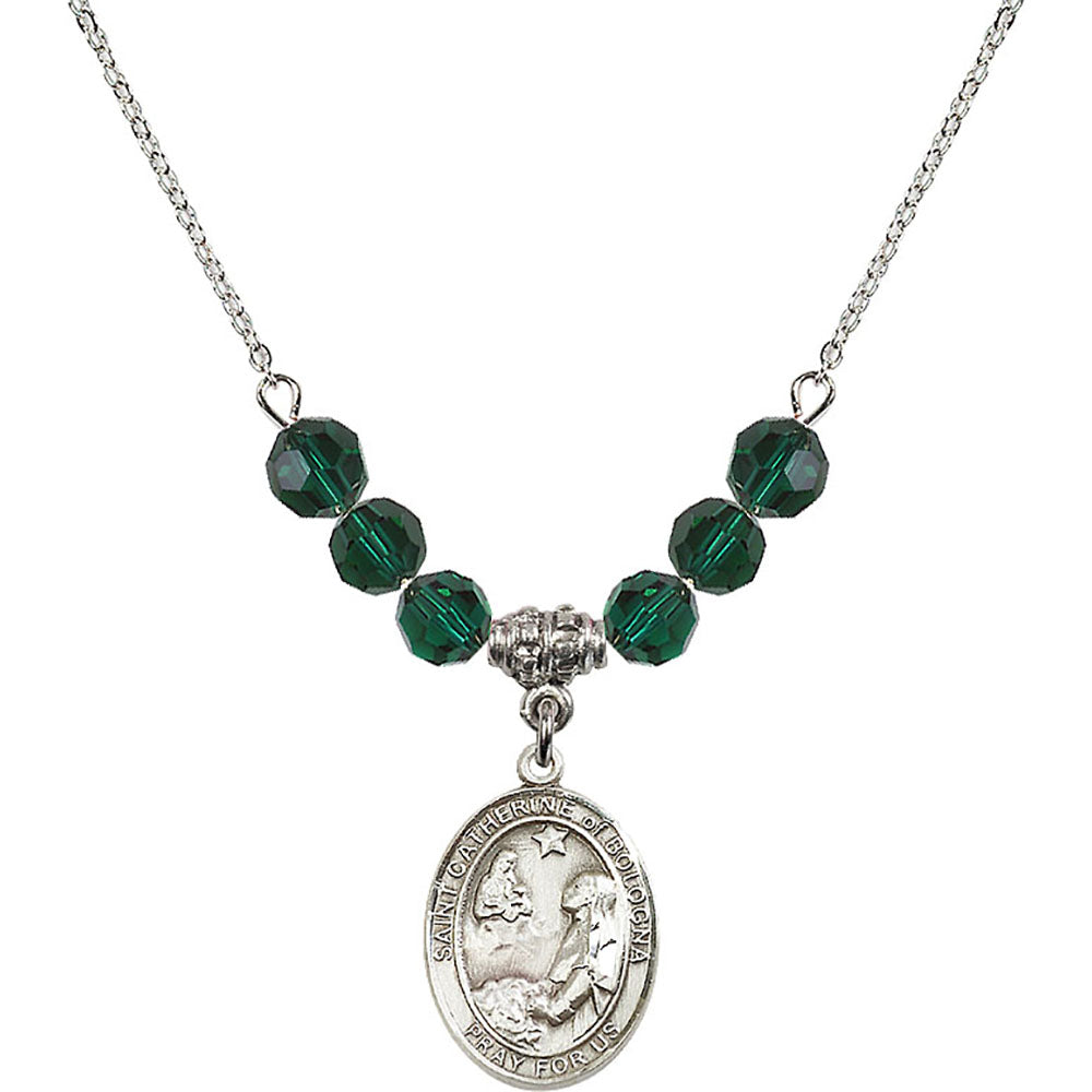 Sterling Silver Saint Catherine of Bologna Birthstone Necklace with Emerald Beads - 8354