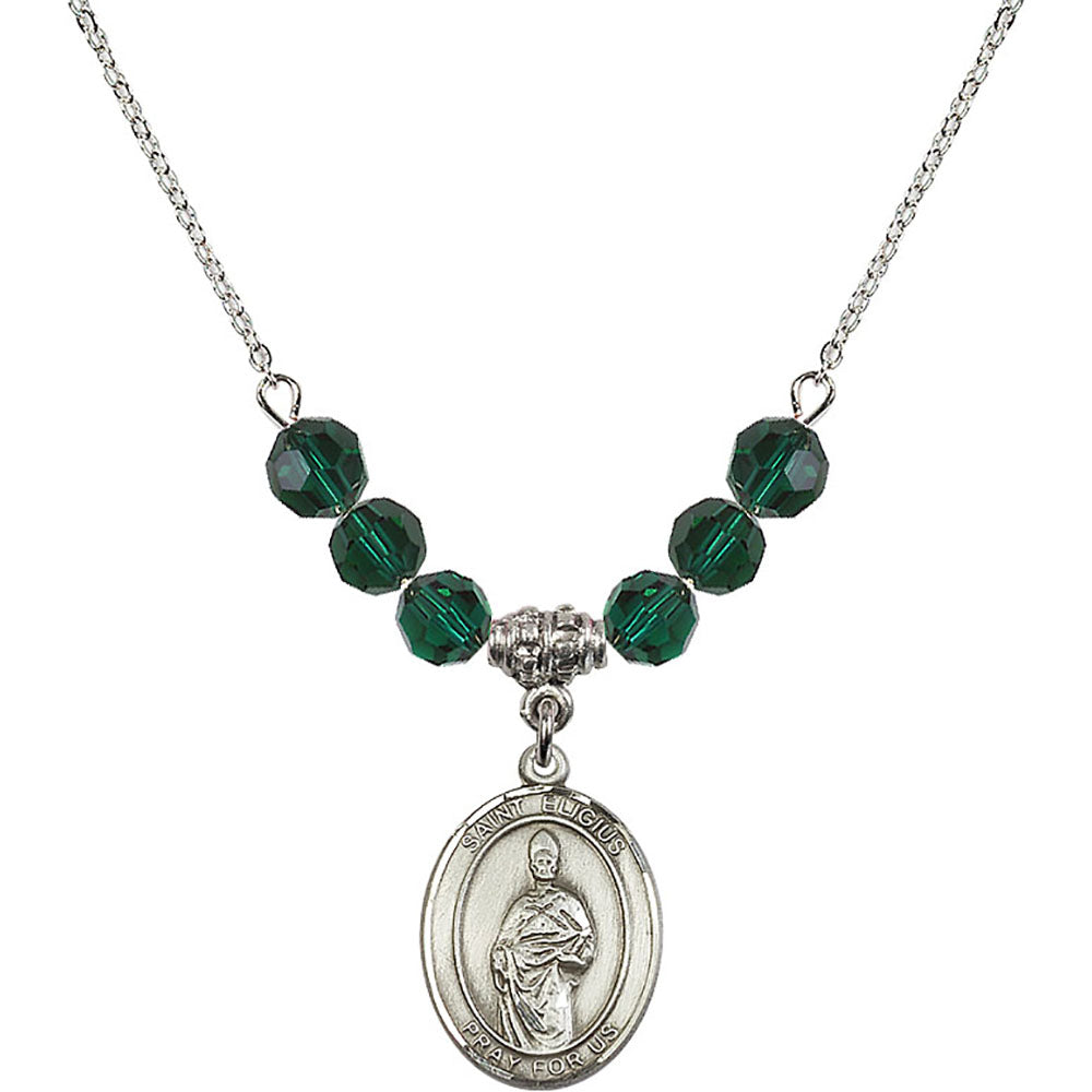 Sterling Silver Saint Eligius Birthstone Necklace with Emerald Beads - 8402