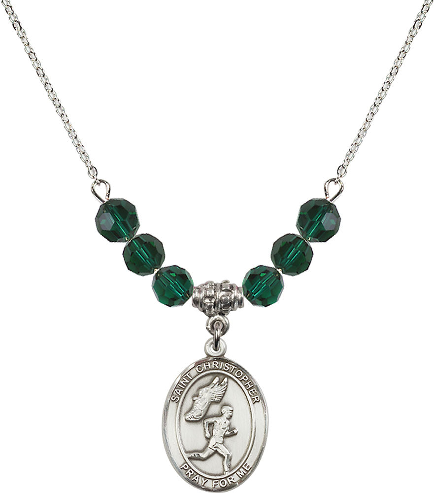 Sterling Silver Saint Christopher/Track&Field-Men Birthstone Necklace with Emerald Beads - 8509