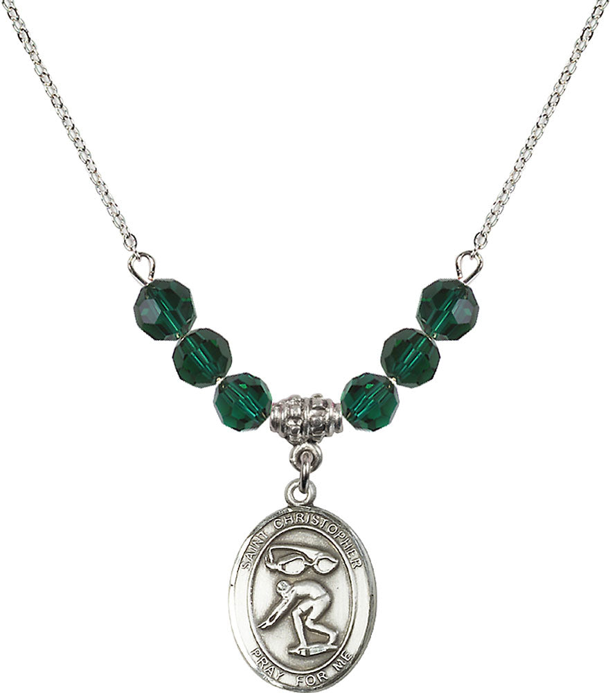 Sterling Silver Saint Christopher/Swimming Birthstone Necklace with Emerald Beads - 8511