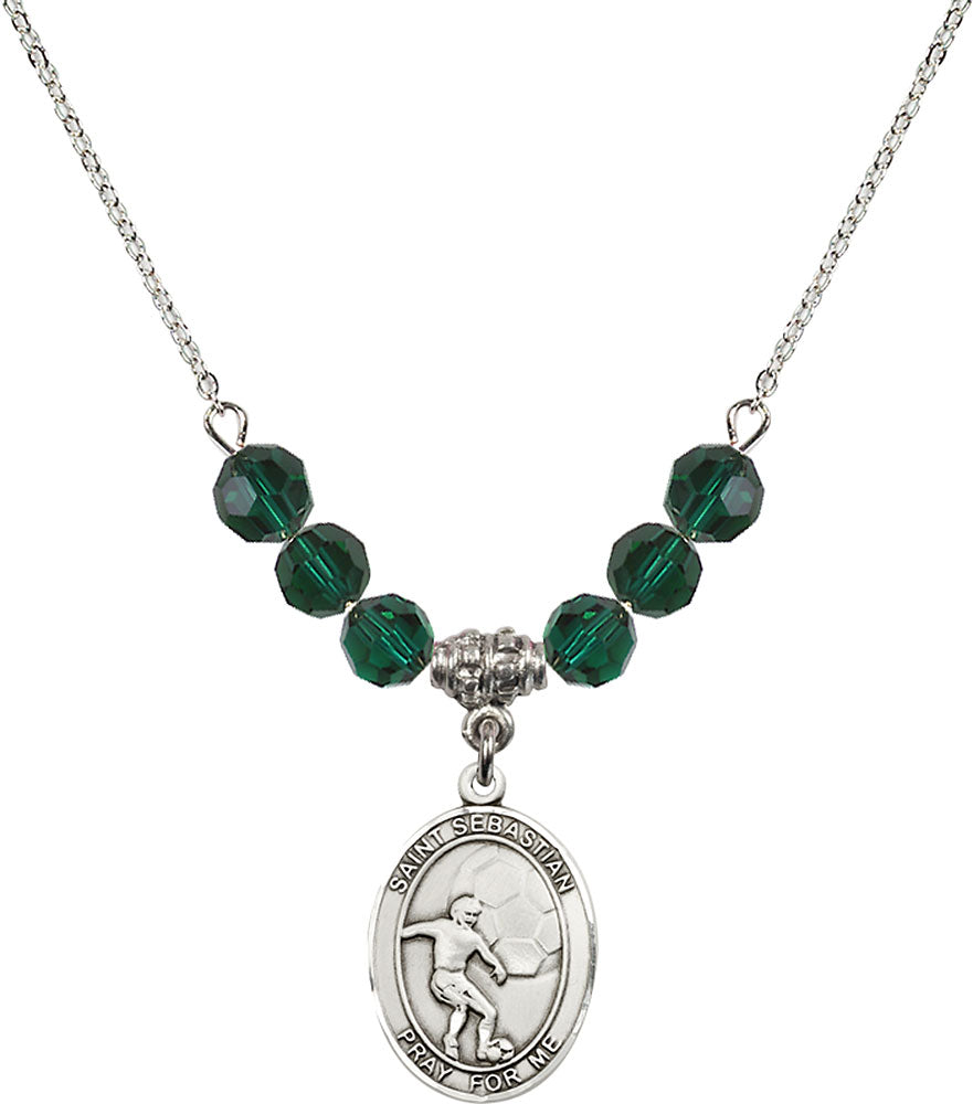 Sterling Silver Saint Sebastian / Soccer Birthstone Necklace with Emerald Beads - 8603