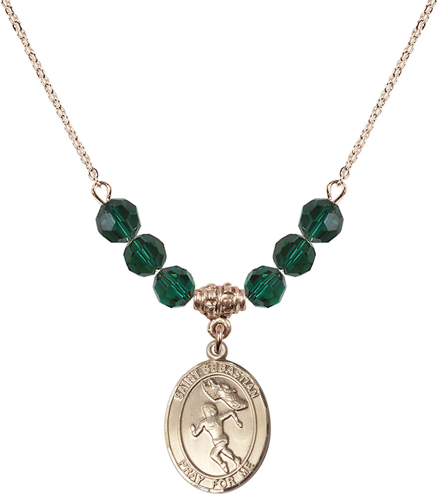 14kt Gold Filled Saint Sebastian /Track&Field-Women Birthstone Necklace with Emerald Beads - 8610
