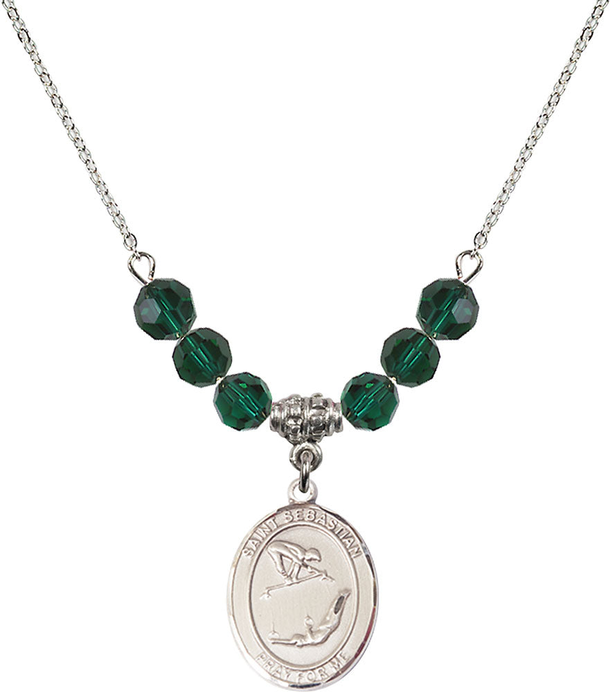 Sterling Silver Saint Sebastian/Gymnastics Birthstone Necklace with Emerald Beads - 8613