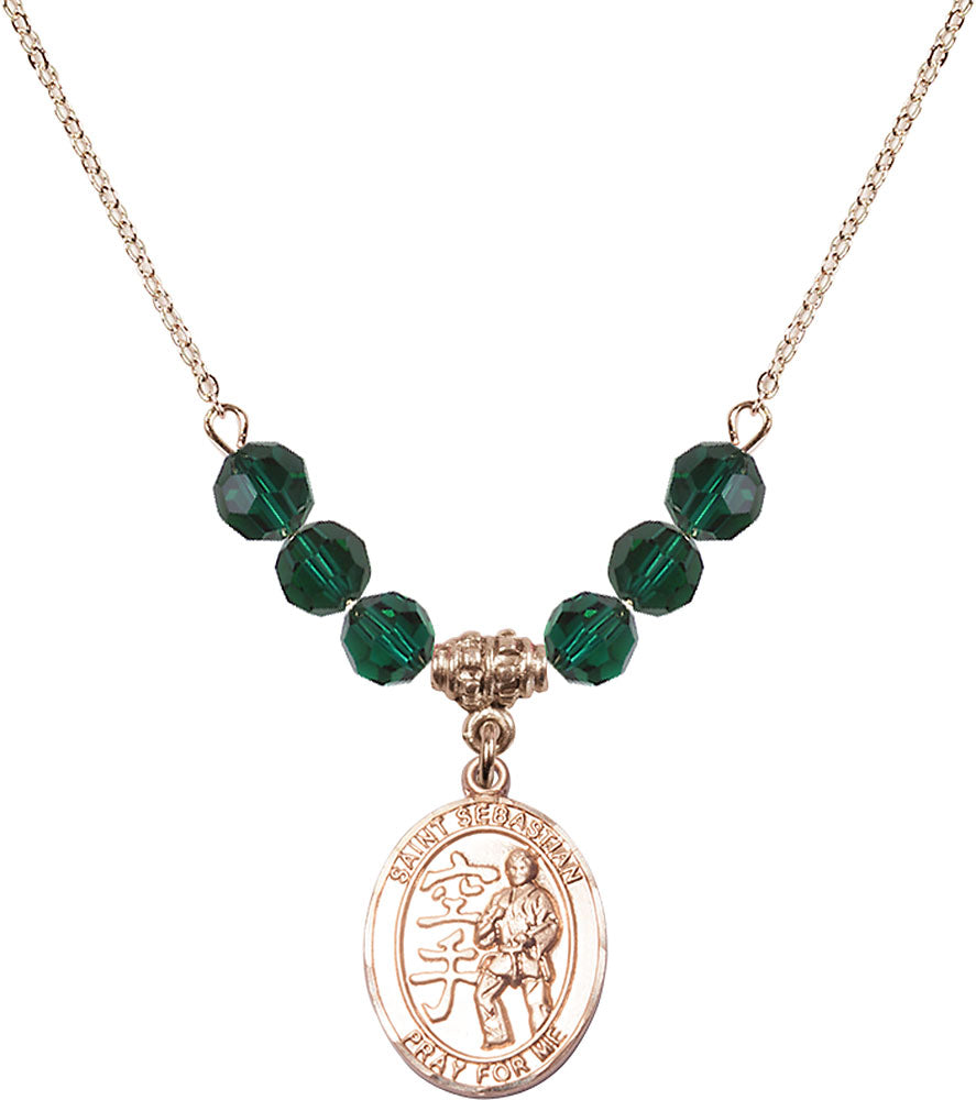 14kt Gold Filled Saint Sebastian/Karate Birthstone Necklace with Emerald Beads - 8615