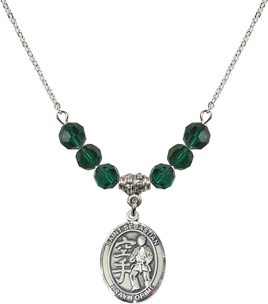 Sterling Silver Saint Sebastian/Karate Birthstone Necklace with Emerald Beads - 8615