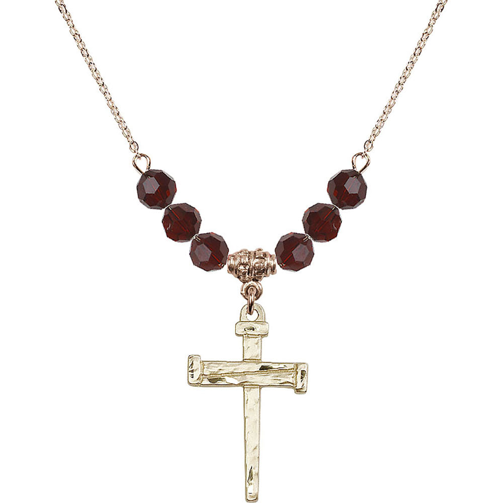 14kt Gold Filled Nail Cross Birthstone Necklace with Garnet Beads - 0013