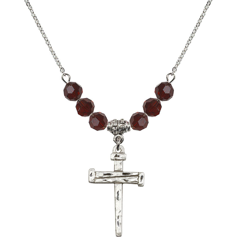 Sterling Silver Nail Cross Birthstone Necklace with Garnet Beads - 0013