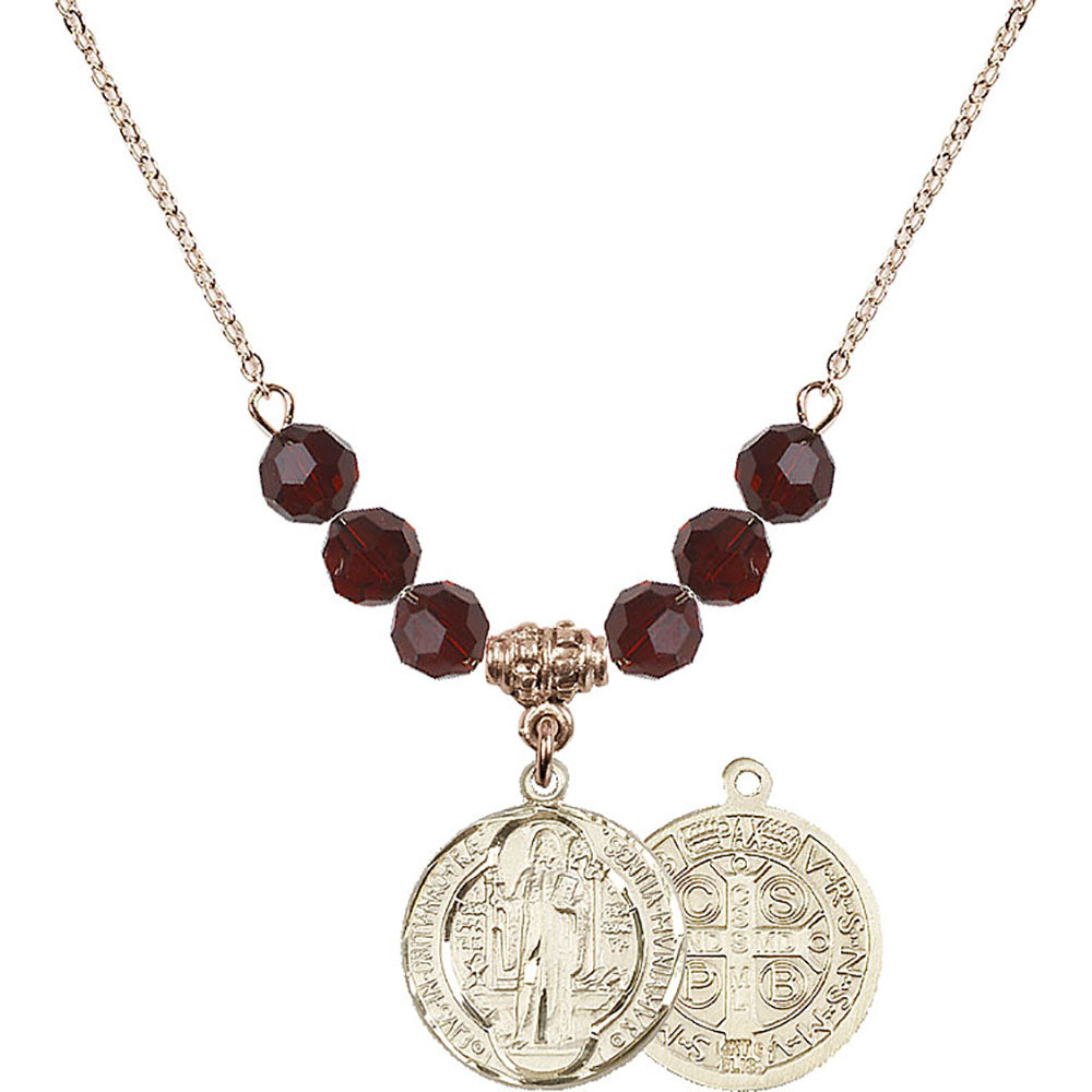 14kt Gold Filled Saint Benedict Birthstone Necklace with Garnet Beads - 0026