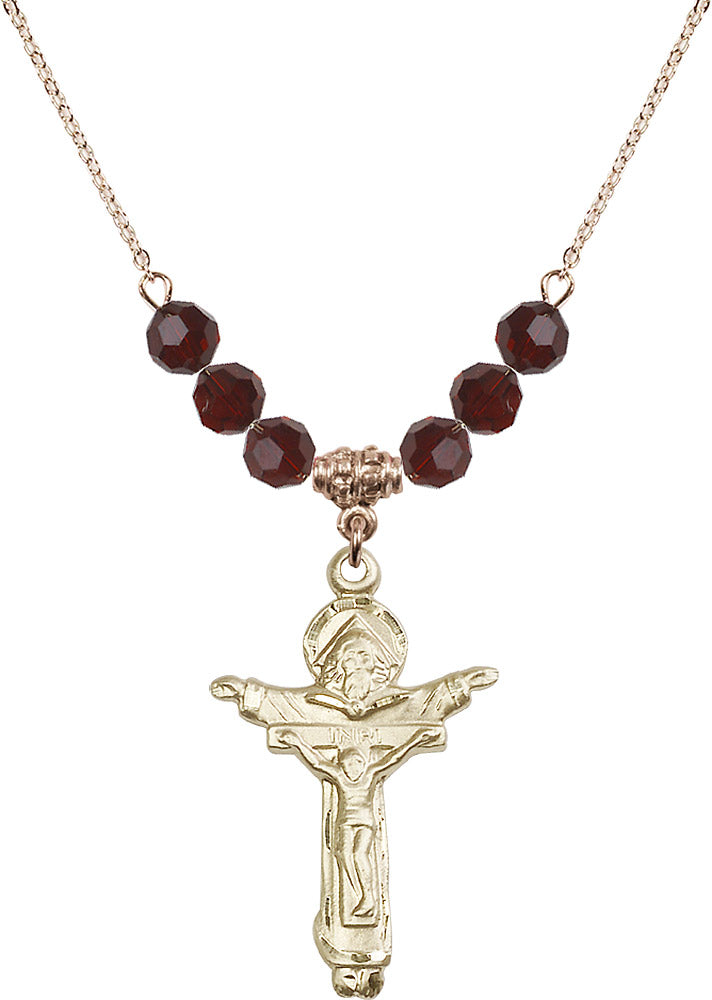 14kt Gold Filled Trinity Crucifix Birthstone Necklace with Garnet Beads - 0065