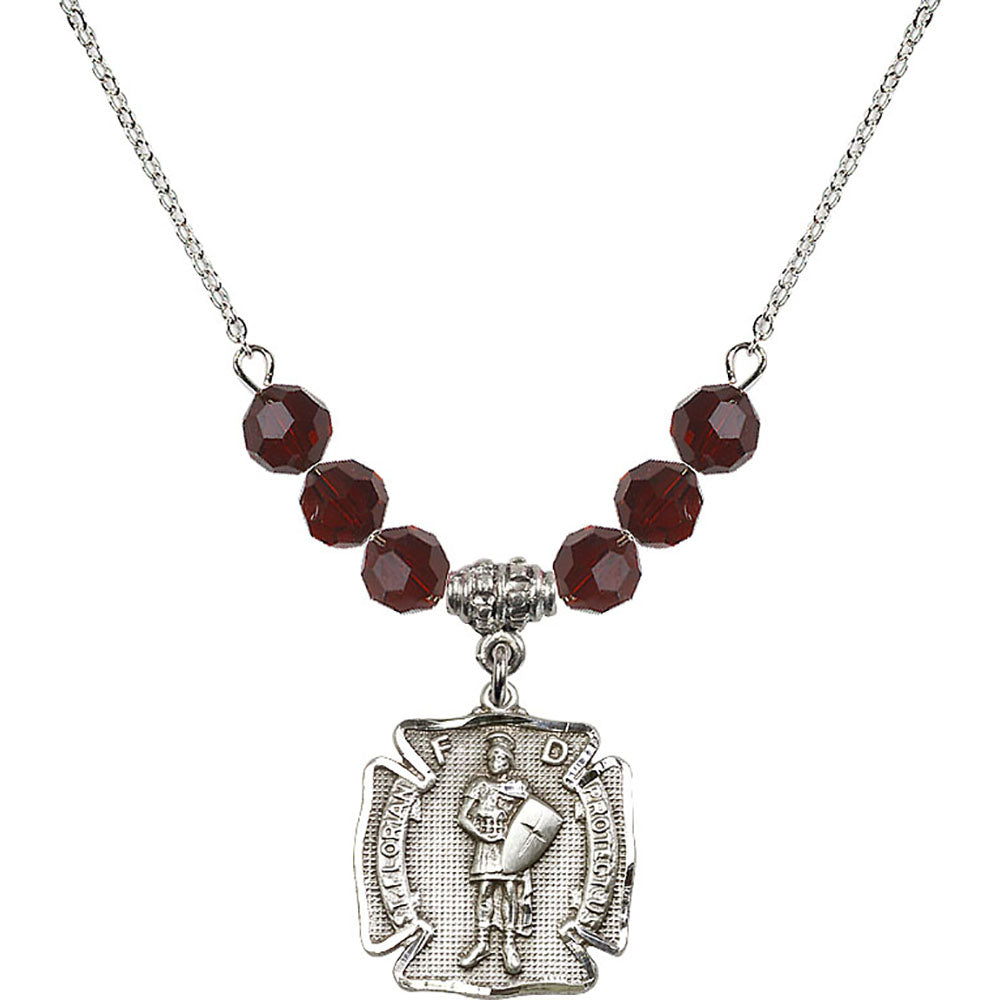 Sterling Silver Saint Florian Birthstone Necklace with Garnet Beads - 0070