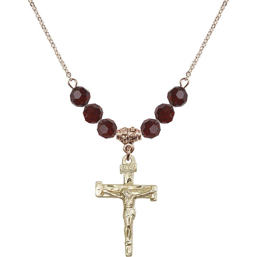 14kt Gold Filled Nail Crucifix Birthstone Necklace with Garnet Beads - 0073