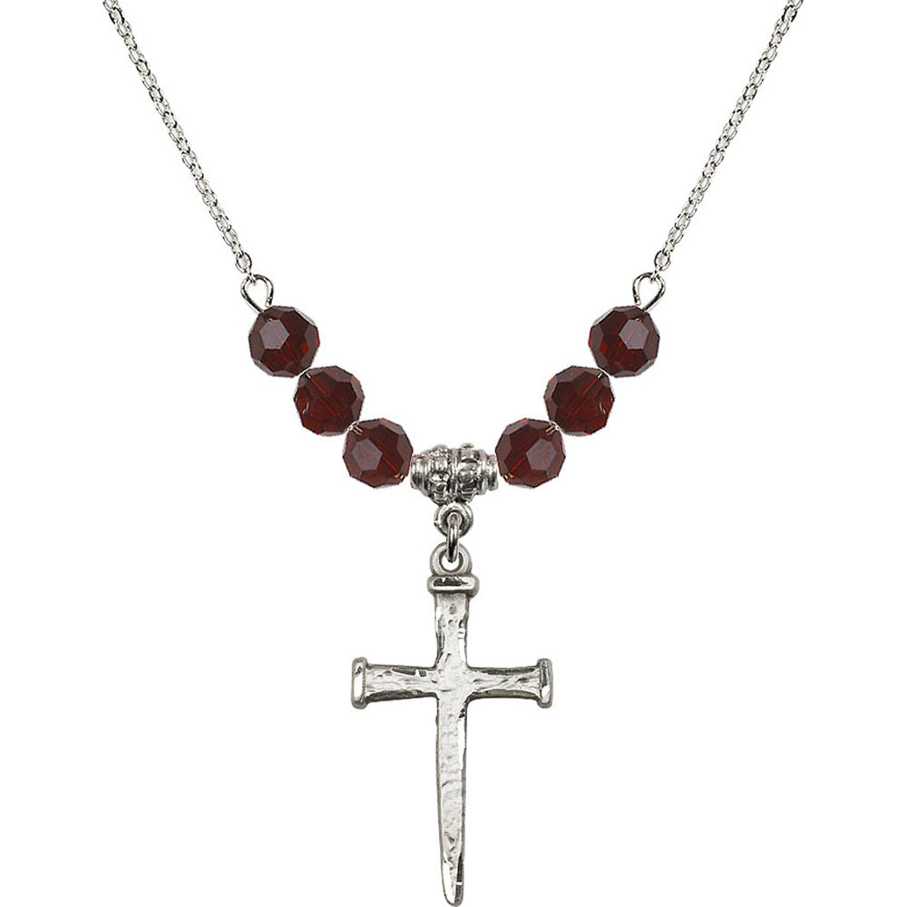 Sterling Silver Nail Cross Birthstone Necklace with Garnet Beads - 0085