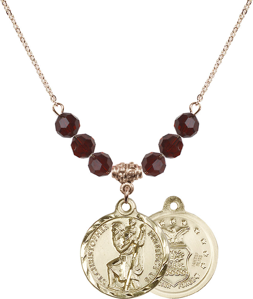 14kt Gold Filled Saint Christopher / Air Force Birthstone Necklace with Garnet Beads - 0192