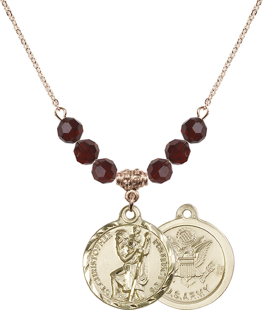 14kt Gold Filled Saint Christopher / Army Birthstone Necklace with Garnet Beads - 0192