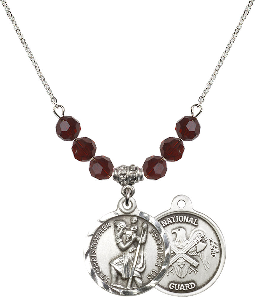 Sterling Silver Saint Christopher / Nat'l Guard Birthstone Necklace with Garnet Beads - 0192