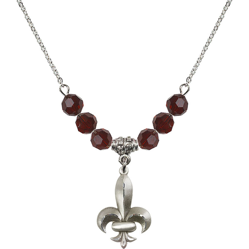 Sterling Silver Fleur de Lis Birthstone Necklace with Garnet Beads - 0294