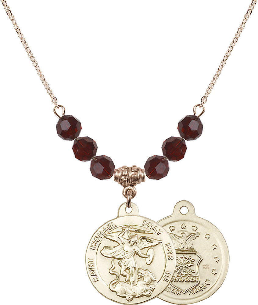 14kt Gold Filled Saint Michael / Air Force Birthstone Necklace with Garnet Beads - 0342