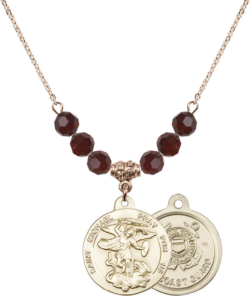 14kt Gold Filled Saint Michael / Coast Guard Birthstone Necklace with Garnet Beads - 0342