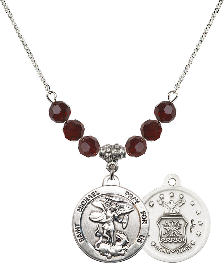 Sterling Silver Saint Michael / Air Force Birthstone Necklace with Garnet Beads - 0342