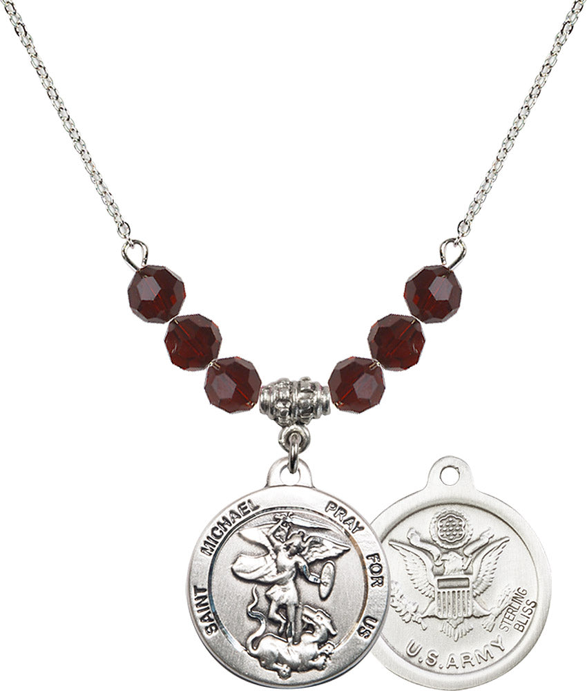 Sterling Silver Saint Michael / Army Birthstone Necklace with Garnet Beads - 0342