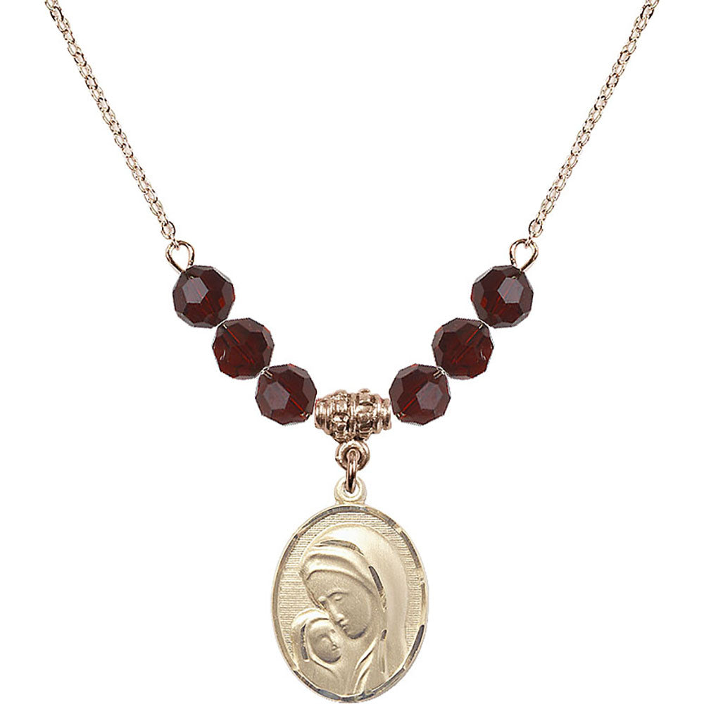 14kt Gold Filled Madonna & Child Birthstone Necklace with Garnet Beads - 0447