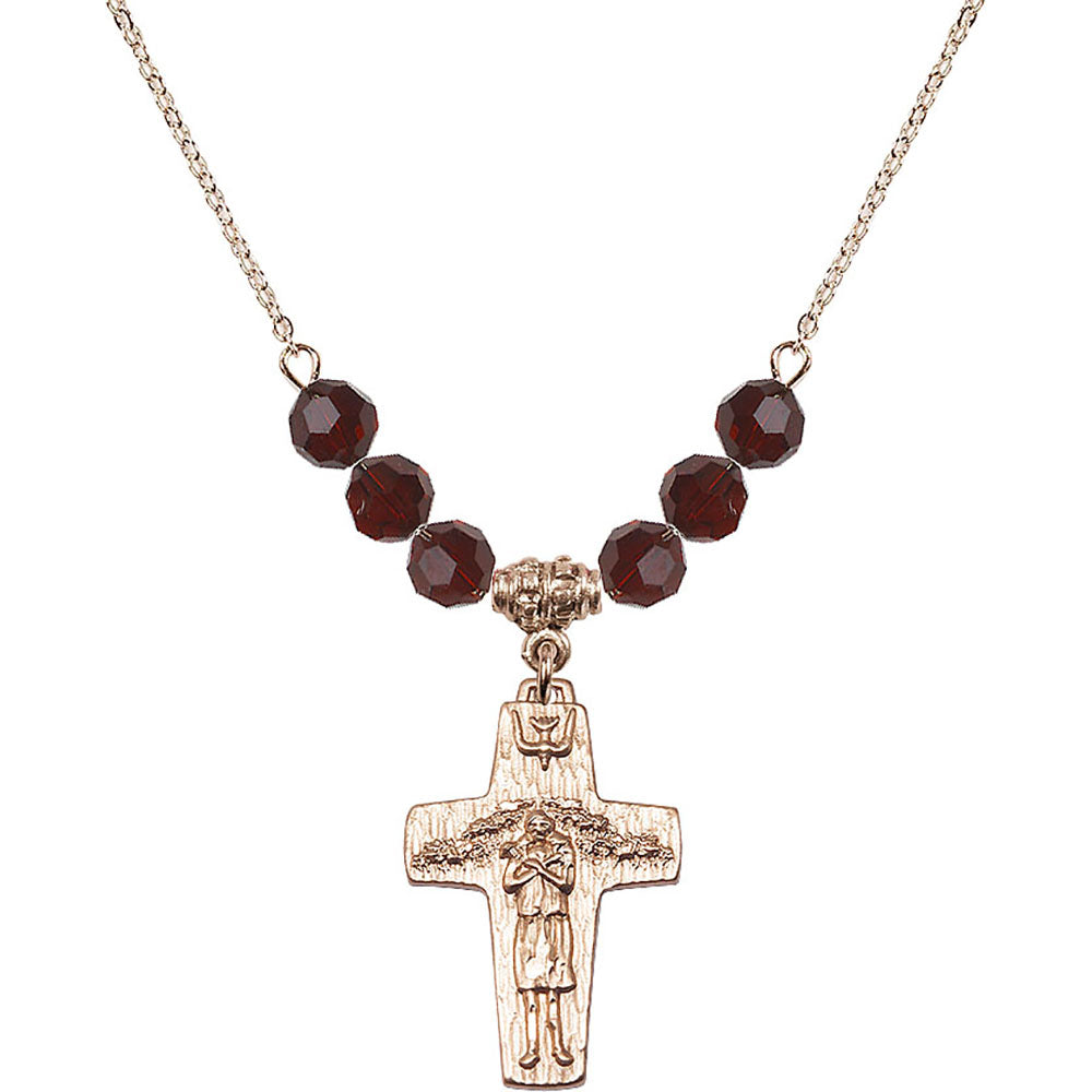 14kt Gold Filled Papal Crucifix Birthstone Necklace with Garnet Beads - 0569