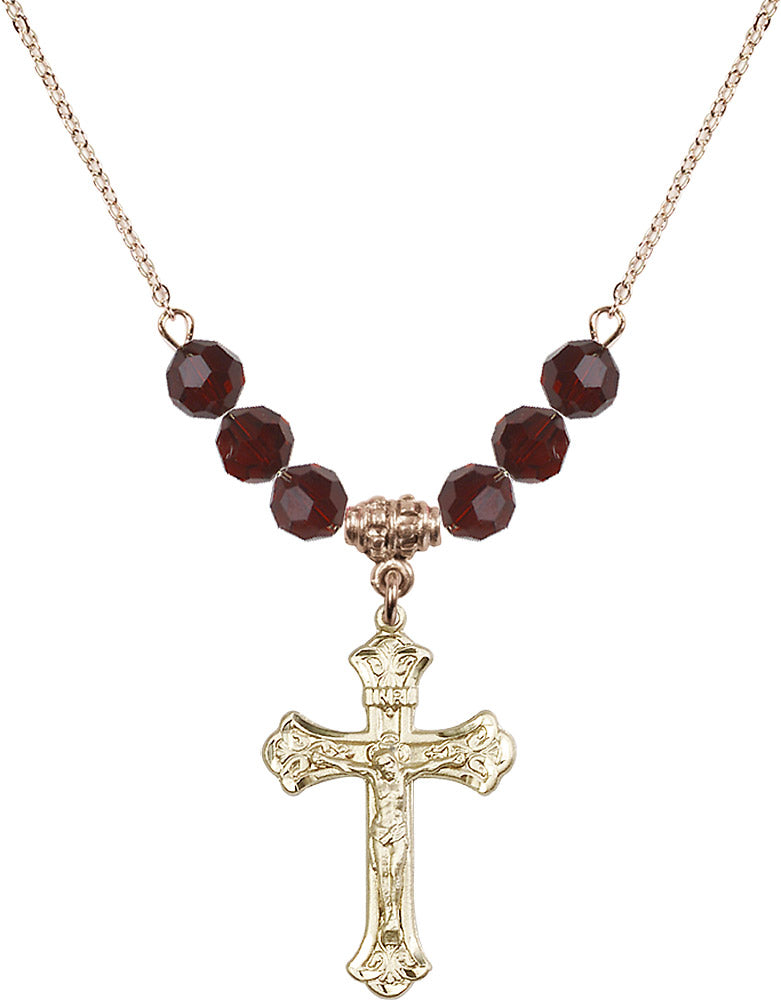 14kt Gold Filled Crucifix Birthstone Necklace with Garnet Beads - 0622