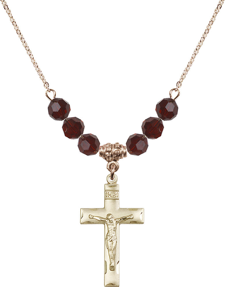 14kt Gold Filled Crucifix Birthstone Necklace with Garnet Beads - 0624