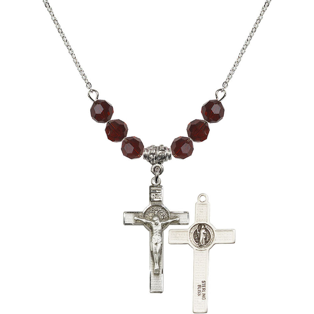 Sterling Silver Saint Benedict Crucifix Birthstone Necklace with Garnet Beads - 0625