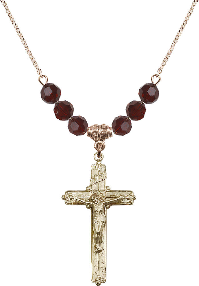 14kt Gold Filled Crucifix Birthstone Necklace with Garnet Beads - 0655