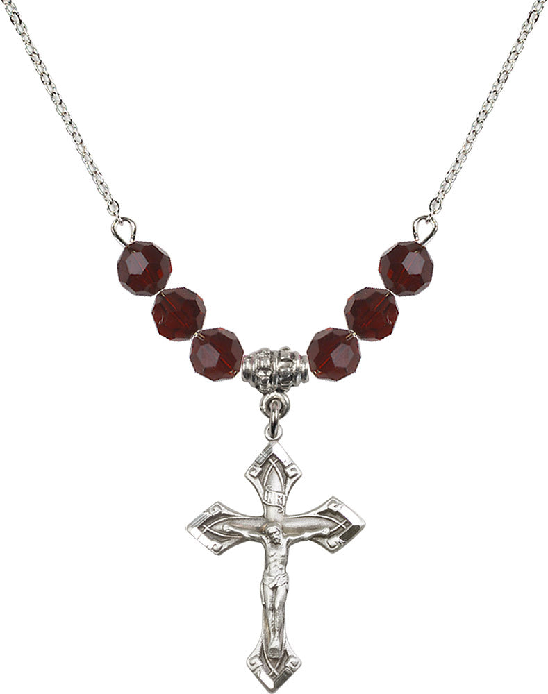 Sterling Silver Crucifix Birthstone Necklace with Garnet Beads - 0663