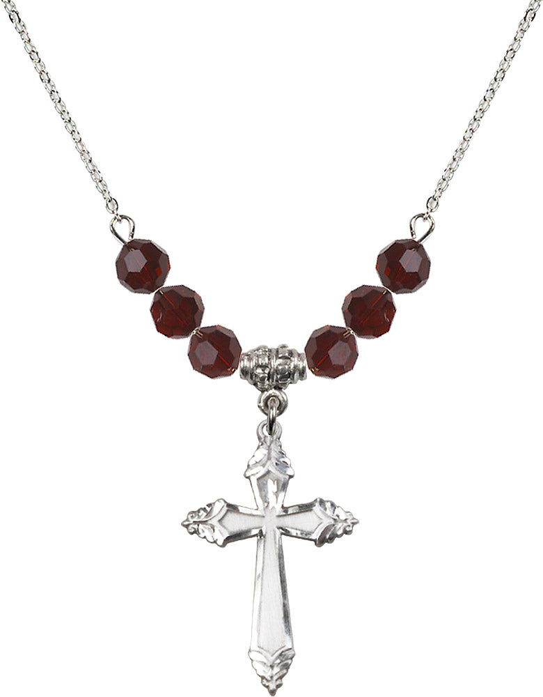 Sterling Silver Cross Birthstone Necklace with Garnet Beads - 0665