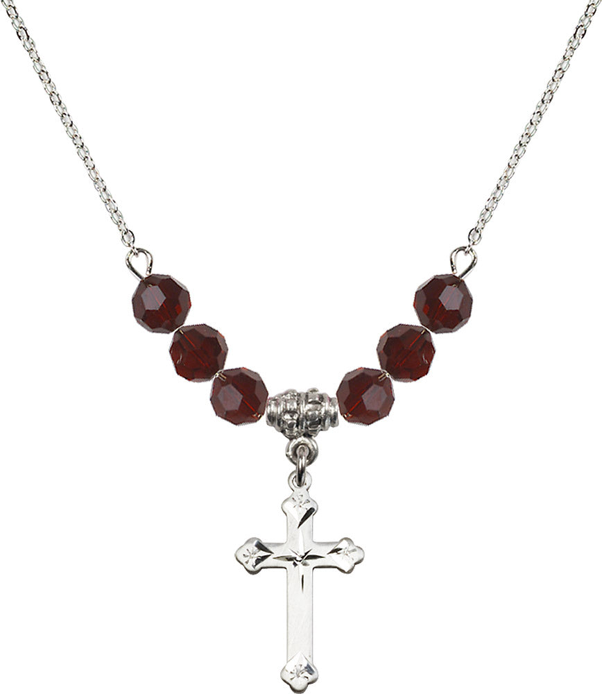Sterling Silver Cross Birthstone Necklace with Garnet Beads - 0667