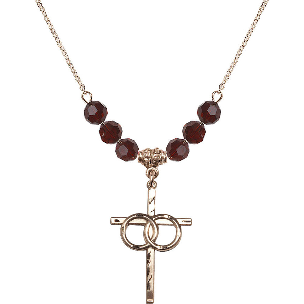 14kt Gold Filled Wedding Rings Cross Birthstone Necklace with Garnet Beads - 0671
