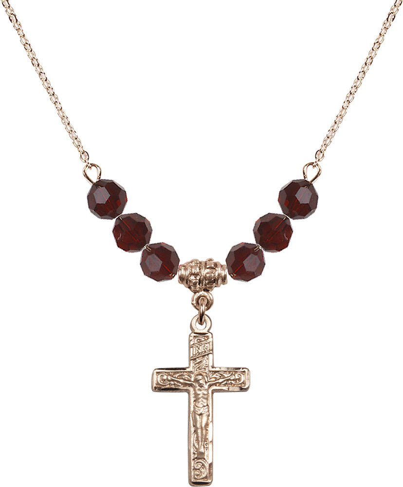 14kt Gold Filled Crucifix Birthstone Necklace with Garnet Beads - 0673