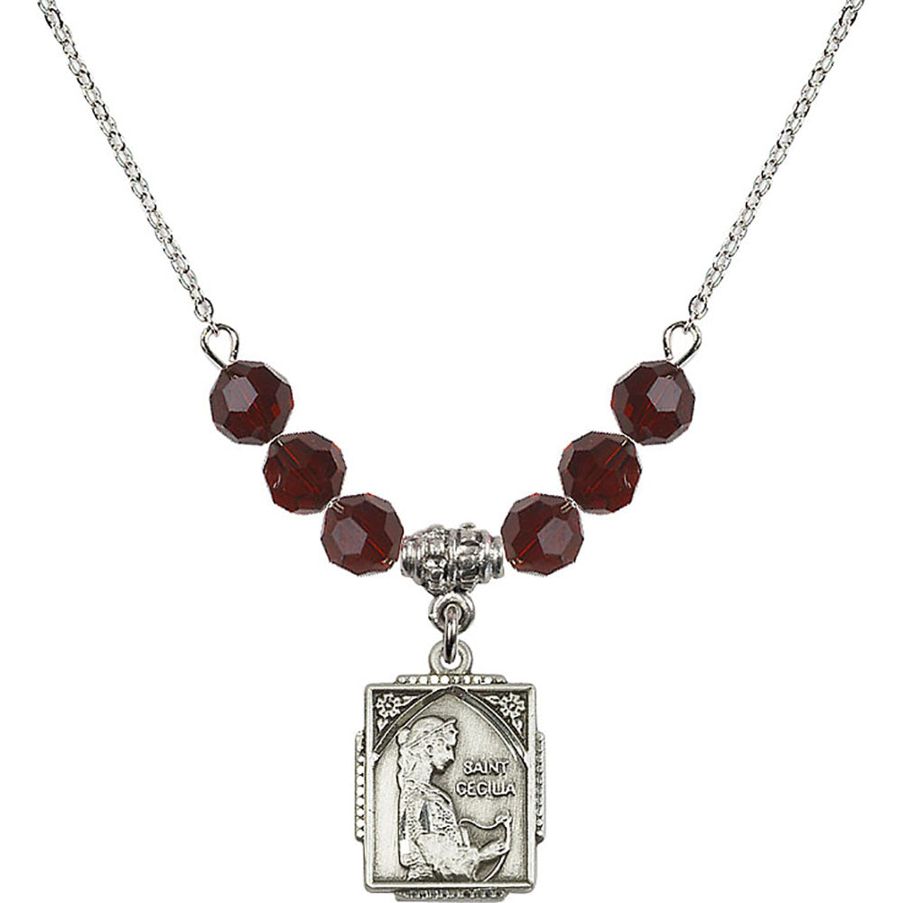 Sterling Silver Saint Cecilia Birthstone Necklace with Garnet Beads - 0804