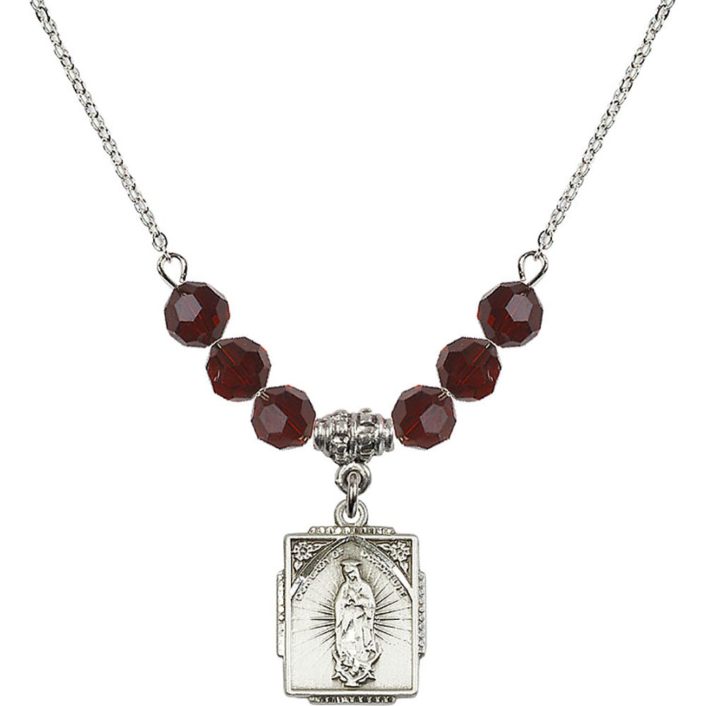 Sterling Silver Our Lady of Guadalupe Birthstone Necklace with Garnet Beads - 0804