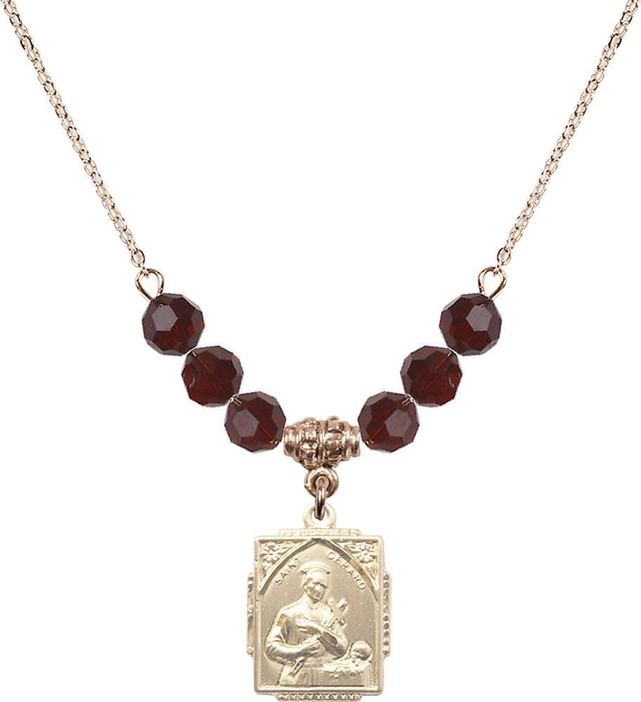 14kt Gold Filled Saint Gerard Birthstone Necklace with Garnet Beads - 0804