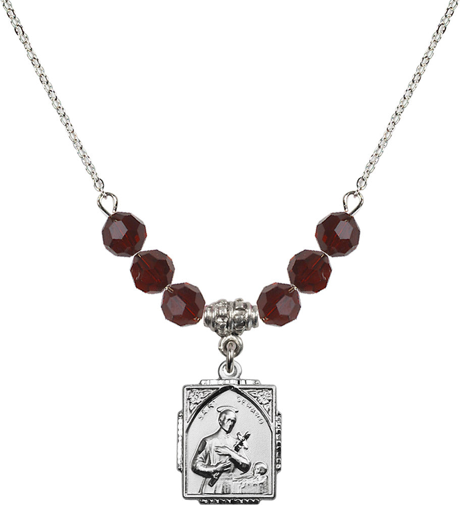 Sterling Silver Saint Gerard Birthstone Necklace with Garnet Beads - 0804